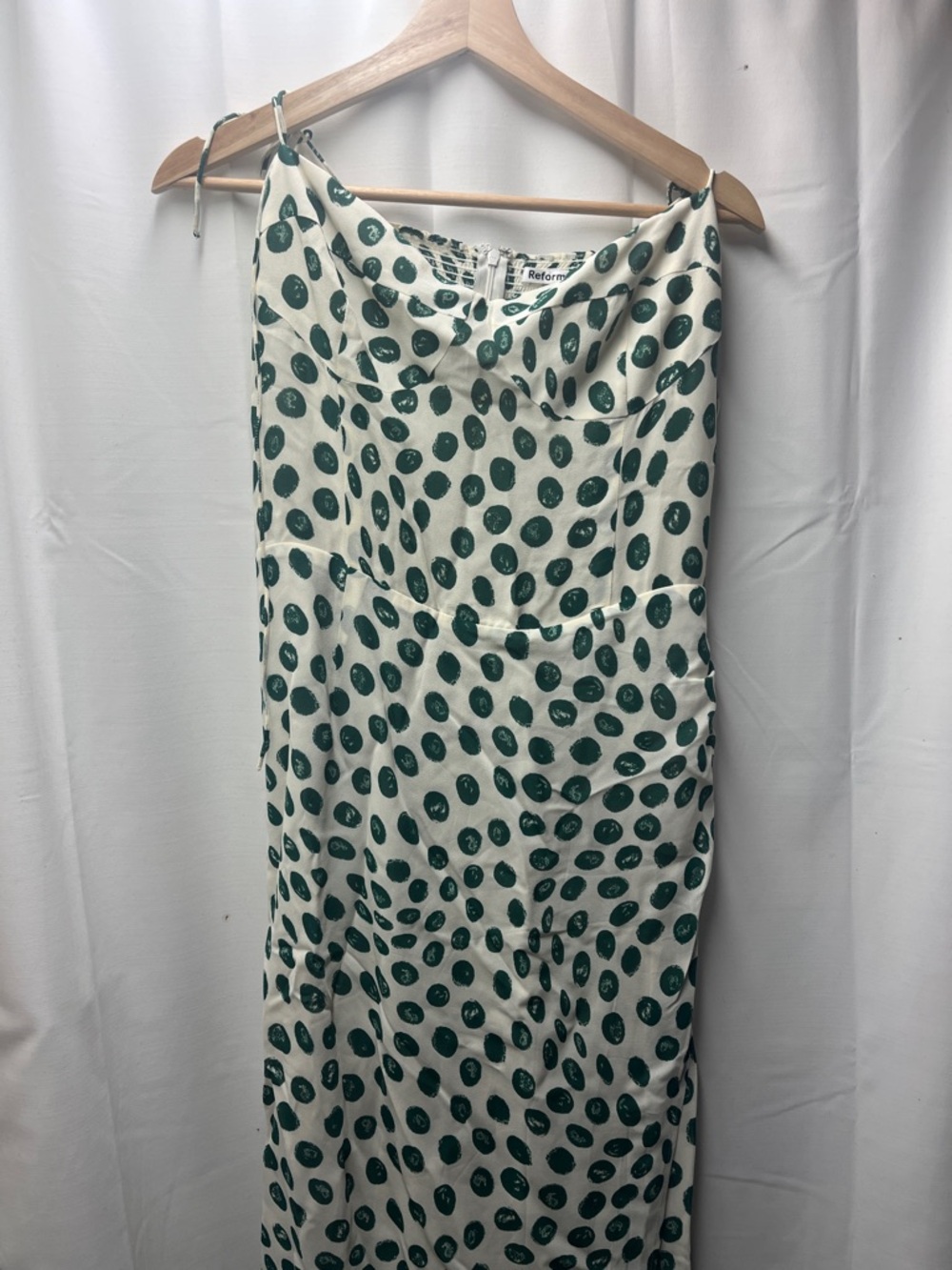Reformation Green White Dot Adjustable Tie Strap Tapioca Kourtney Slip Dress- 12 - Picture 5 of 8